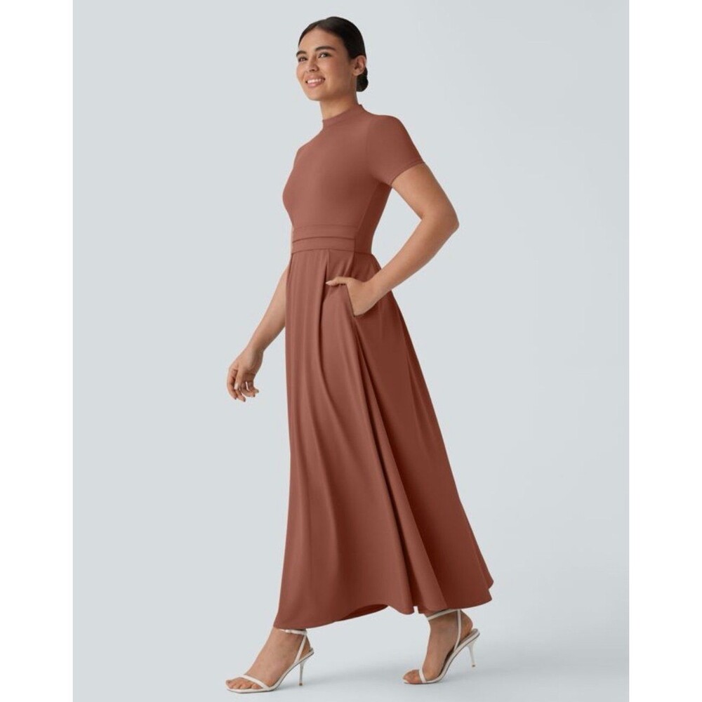 Halara LARGE Burnt orange short sleeve high neck maxi dress NEW without tags
